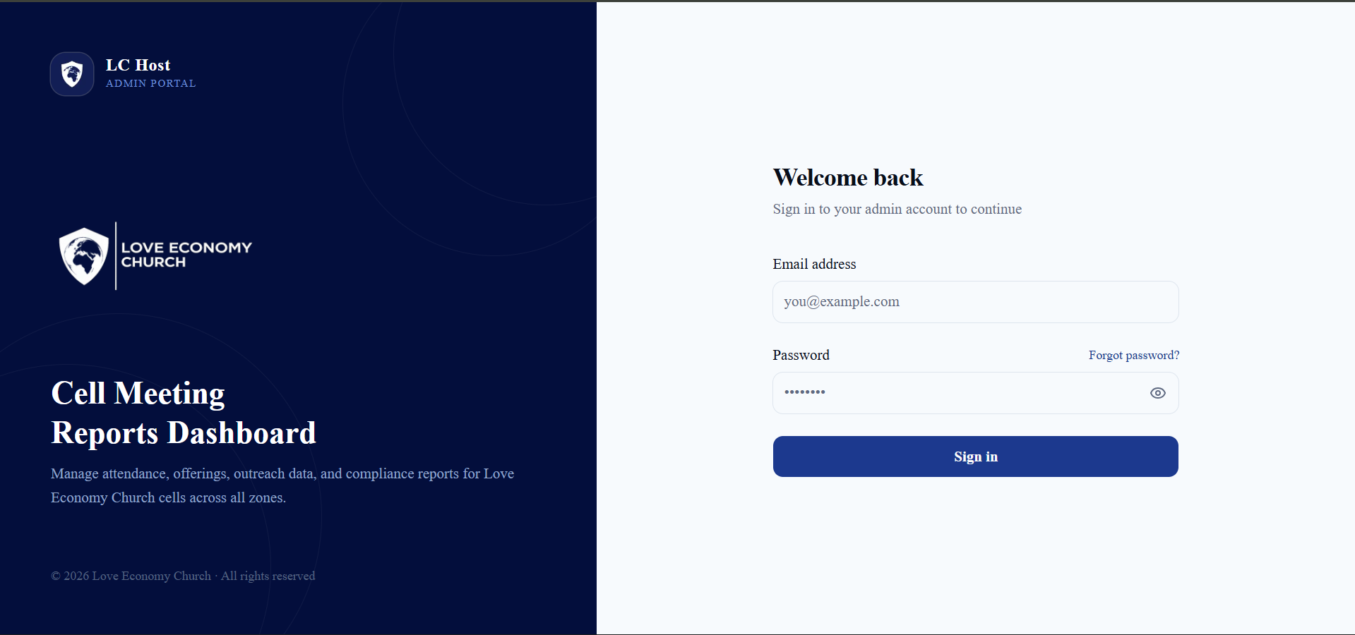 LC Host Admin Dashboard — Church Reporting & Analytics Platform